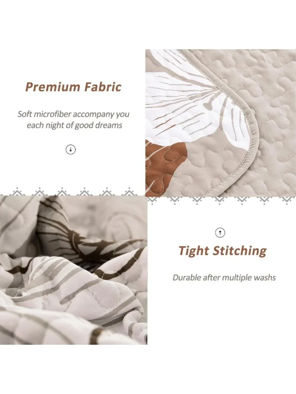 Cozy Taupe Floral King Size Quilt Set - 3 Piece Bedspread Coverlet for Fall